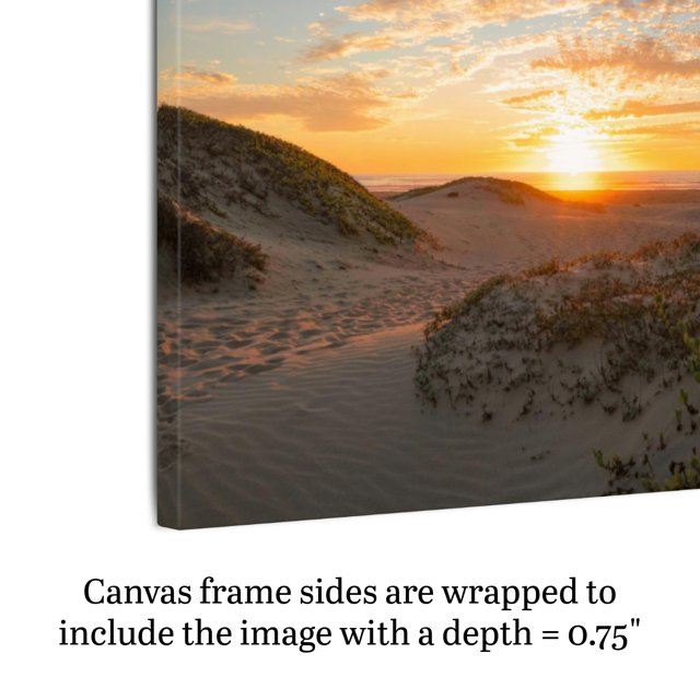 A side view of a canvas print of a beach dunes sunset highlighting frame depth.