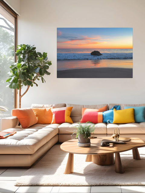 Modern living room with a sectional sofa, colorful pillows, and a canvas print of a colorful sunset behind an ocean rock.