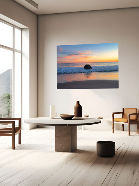 Modern living room with a canvas print of a colorful sunset behind an ocean rock on the wall