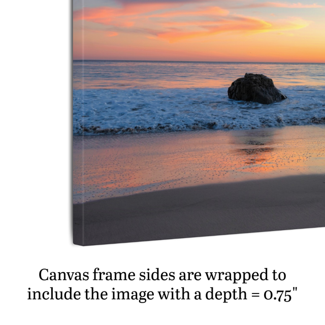 Side view of a canvas print of a colorful sunset behind an ocean rock showing frame depth.