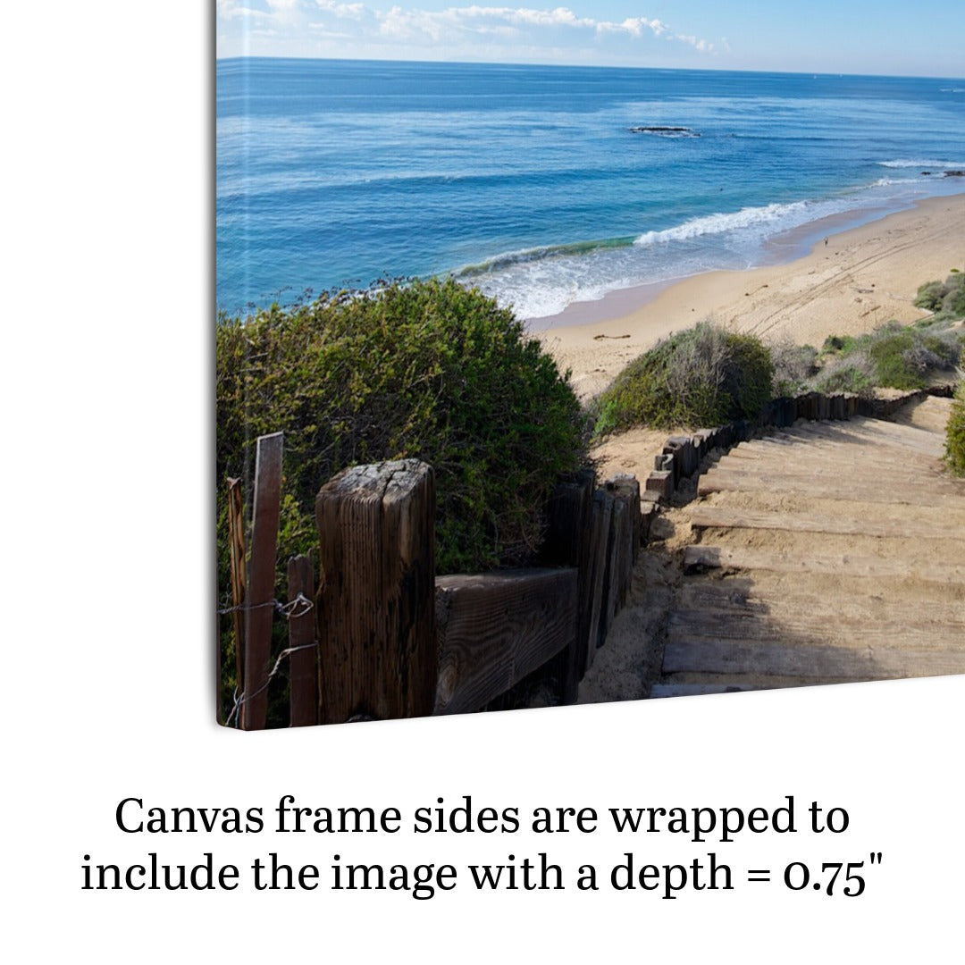 Canvas print of a beach scene with wooden steps and foliage, text indicating canvas depth.