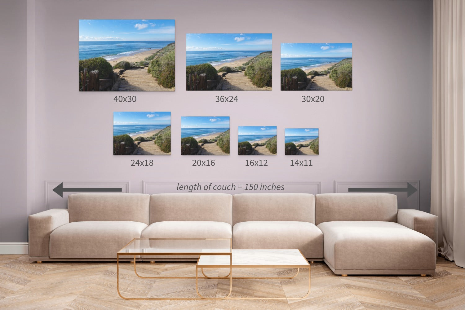 Living room with a beige sectional sofa and wall art prints of beach scenes with dimensions displayed.