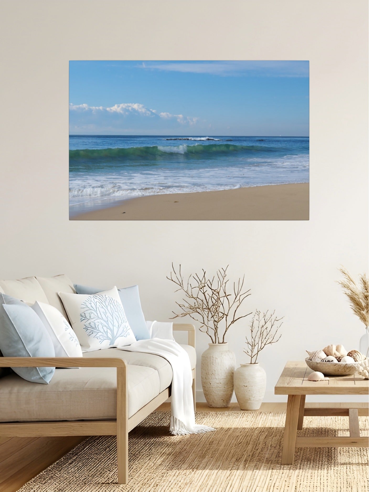 Living room with a Crystal Cove State Beach breaking wave with translucent green water canvas print on the wall.