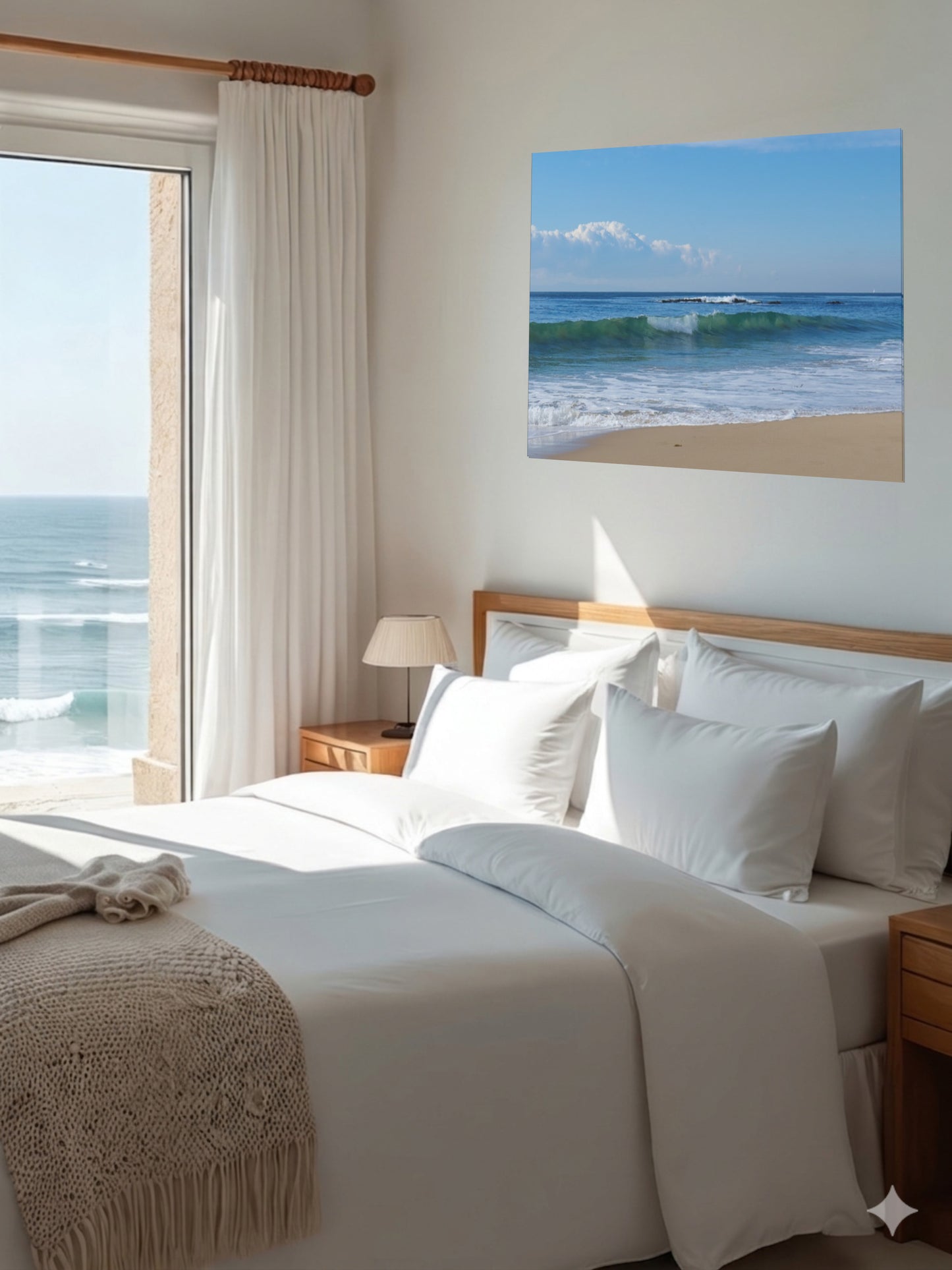 Bedroom with a large bed and a Crystal Cove State Beach breaking wave with translucent green water canvas print on the wall.