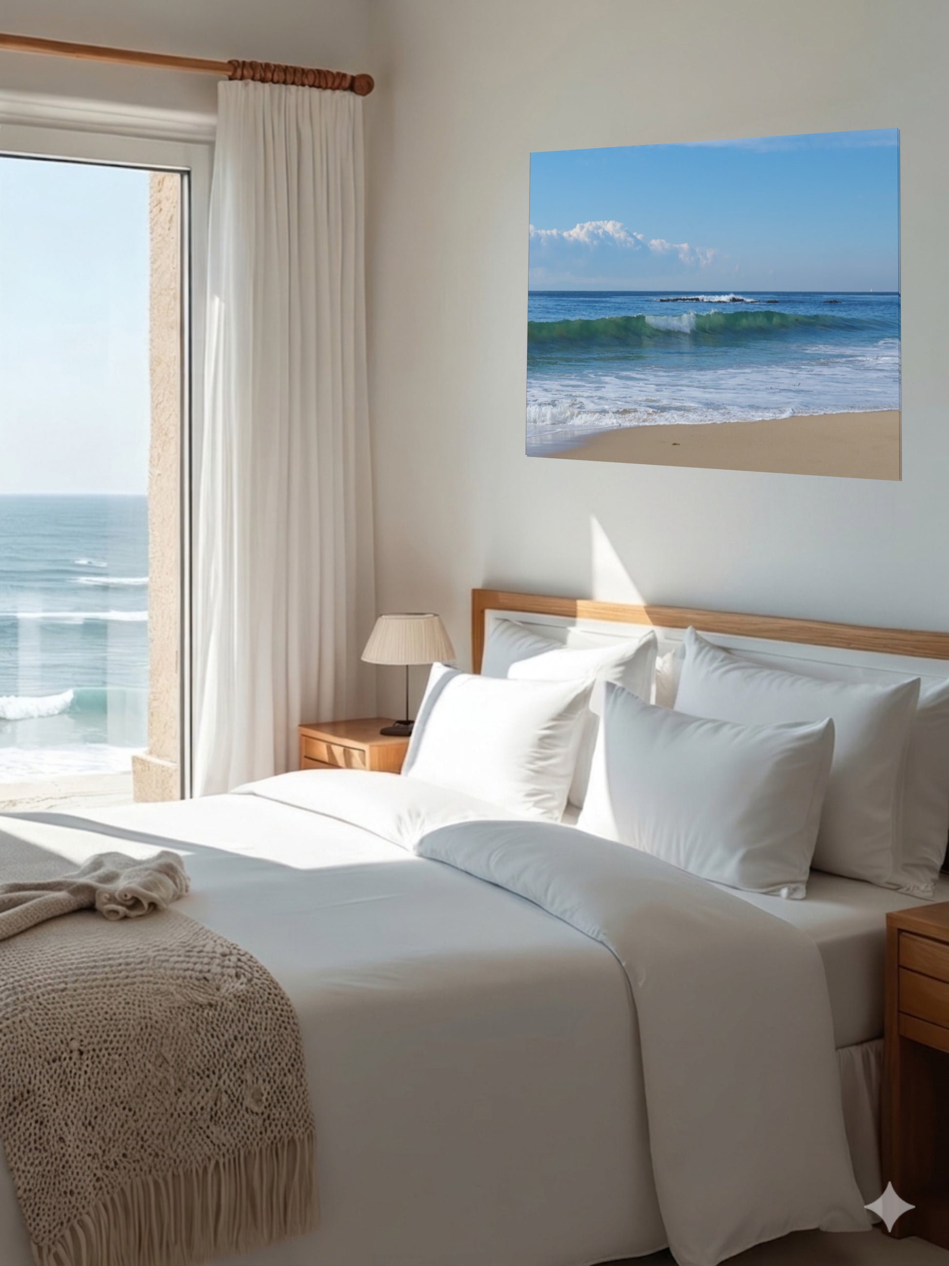 Bedroom with a large bed and a Crystal Cove State Beach breaking wave with translucent green water canvas print on the wall.