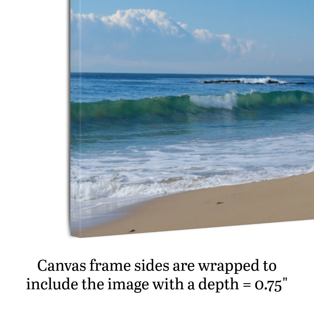 Side view of a Crystal Cove State Beach breaking wave with translucent green water canvas print with text indicating frame depth.