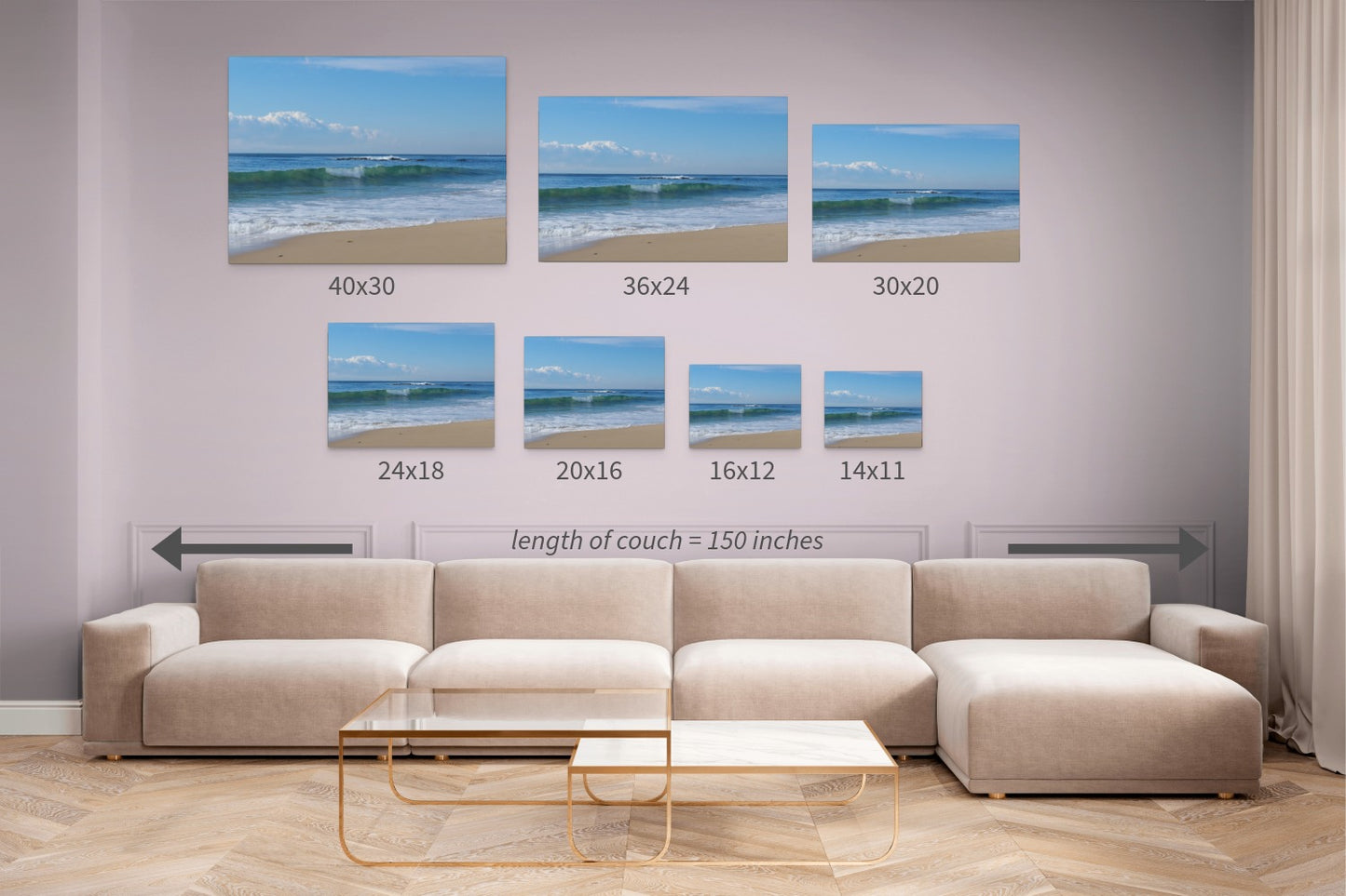 Living room with a beige sectional sofa and Crystal Cove State Beach breaking wave with translucent green water canvas print in various sizes.