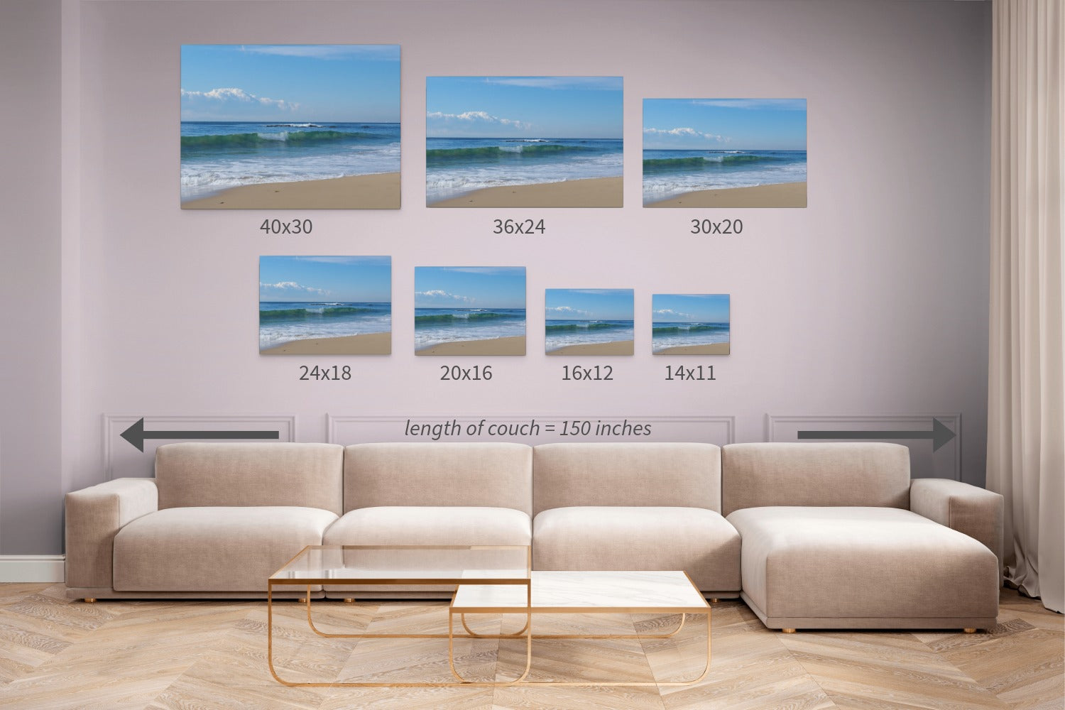 Living room with a beige sectional sofa and Crystal Cove State Beach breaking wave with translucent green water canvas print in various sizes.