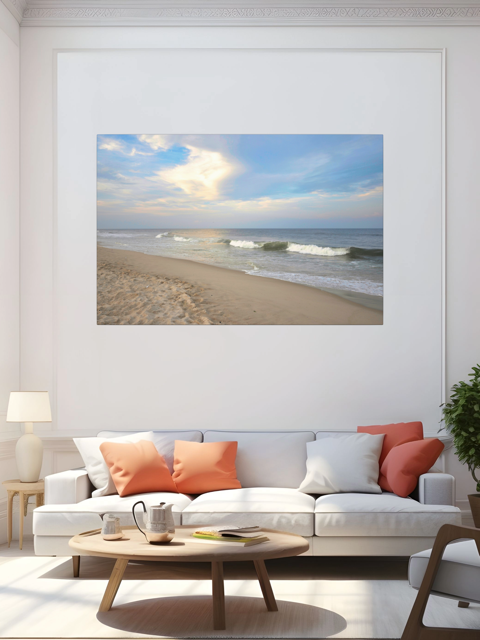 Living room with a canvas print of a wide-angle view of the Jersey Shore beach at early evening with rolling ocean waves and a bright, cloudy sky on the wall above a white sofa with orange and white cushions.