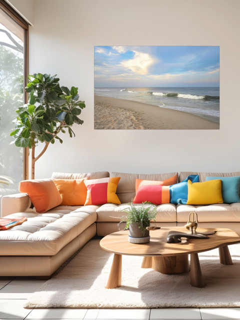 Modern living room with a sectional sofa, colorful pillows, and a canvas print of a wide-angle view of the Jersey Shore beach at early evening with rolling ocean waves and a bright, cloudy sky on the wall.