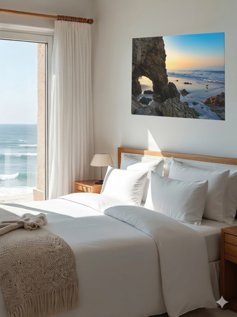 Bedroom with a large bed, ocean view, and a canvas print of a sea cave at sunrise in Malibu on the wall.