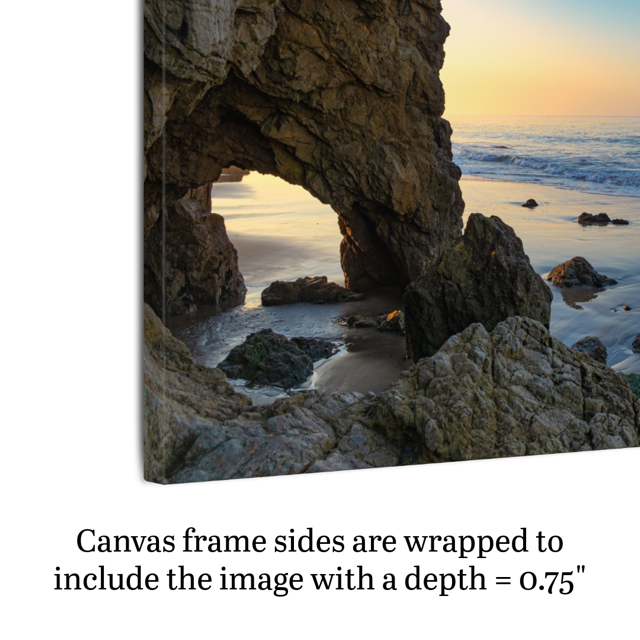 Side view of a canvas print of a sea cave at sunrise in Malibu with text indicating frame depth.