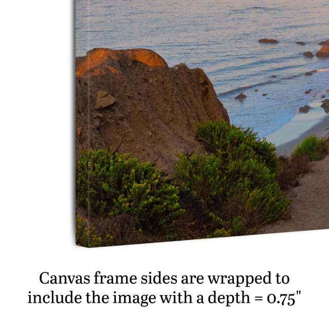Canvas print of a coastal scene with rocks and water, text indicating frame depth.