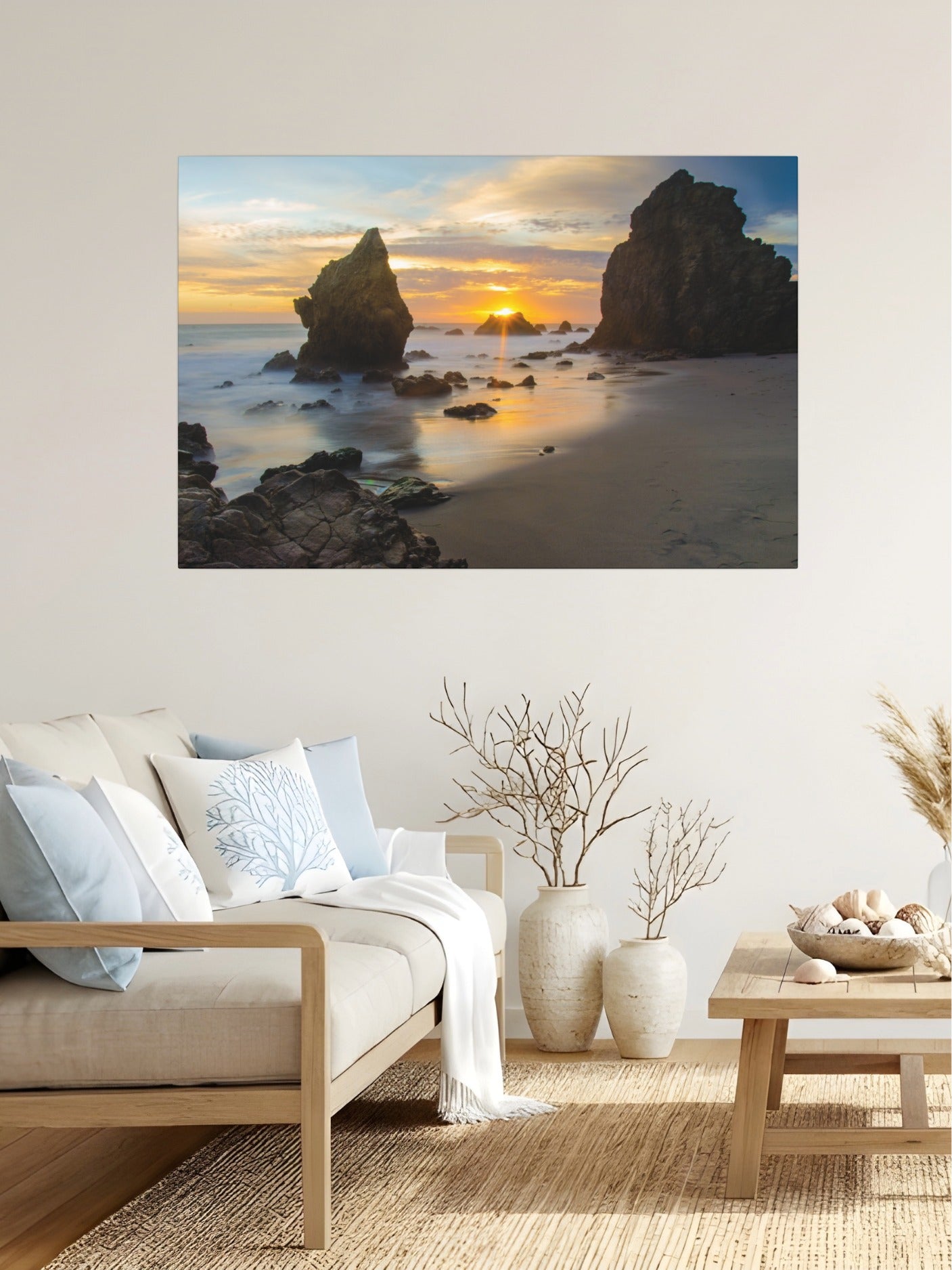 Living room with an El Matador State Beach winter sunset with dramatic sea stacks and golden sunburst canvas print