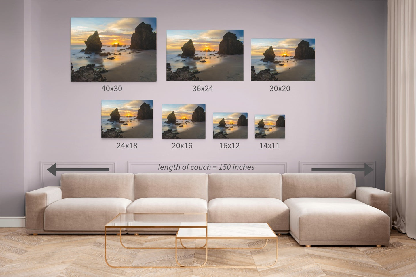 Living room with a beige sectional sofa and wall art displaying various sizes of an El Matador State Beach winter sunset with dramatic sea stacks and golden sunburst canvas print