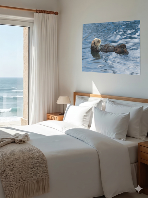 Bedroom with ocean view and a sea otter canvas print on the wall.