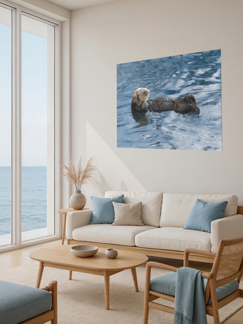 Living room with a large window view of the ocean, featuring a sofa with cushions and a sea otter canvas print.