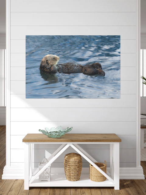 A sea otter canvas print in a room with a wooden bench and baskets.
