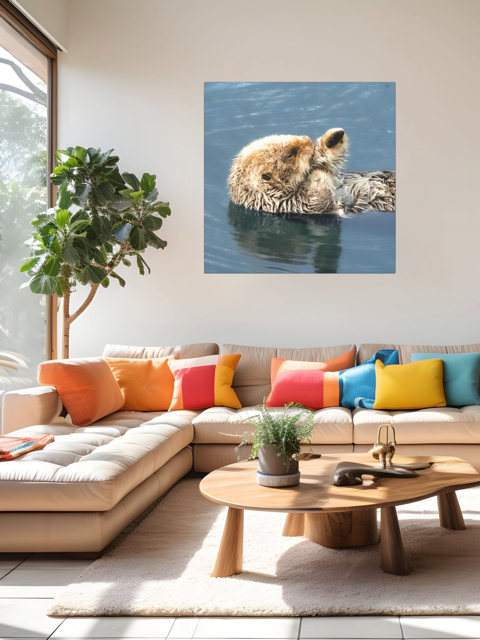Living room with a sectional sofa, colorful pillows, and a wall art of a sea otter.