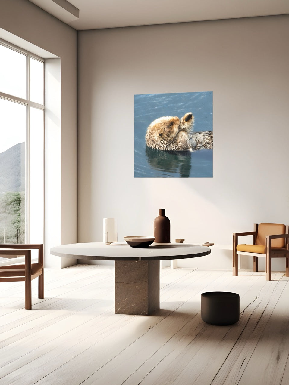 Modern living room with a wall art of a sea otter in water