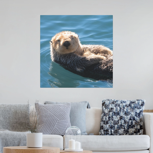 Canvas print of a sea otter swimming on a wall above a living room sofa.