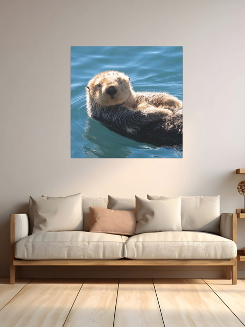 Sitting room with a sofa and a wall art print of an otter in water.