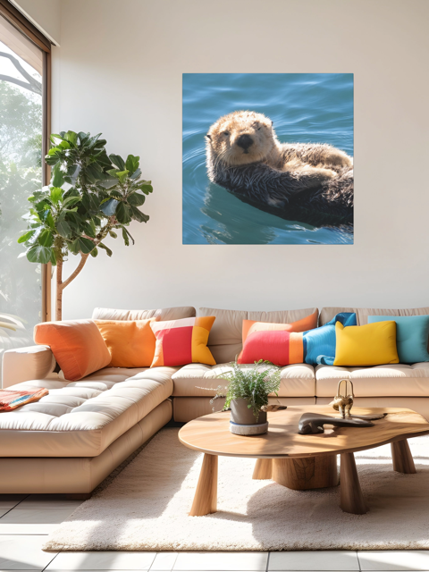 Living room with a sectional sofa, colorful pillows, and a wall art of an otter.