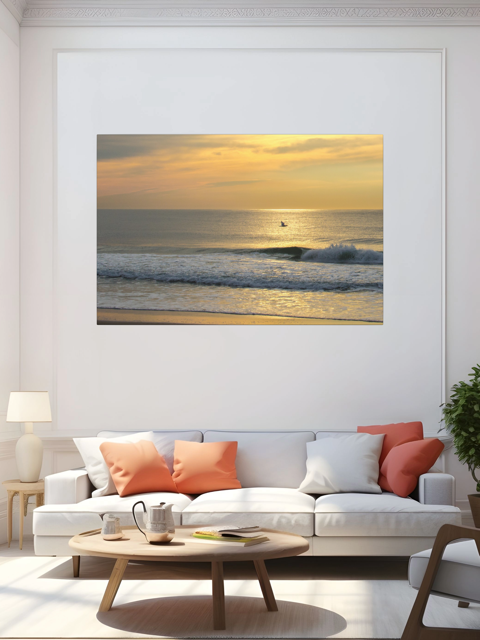 Living room with a large canvas print of a bird in flight over the ocean at sunrise, white sofa with colorful pillows, and wooden coffee table.