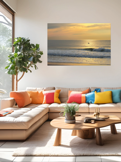 Modern living room with a sectional sofa, colorful pillows, and a large canvas print of a bird in flight over the ocean at sunrise