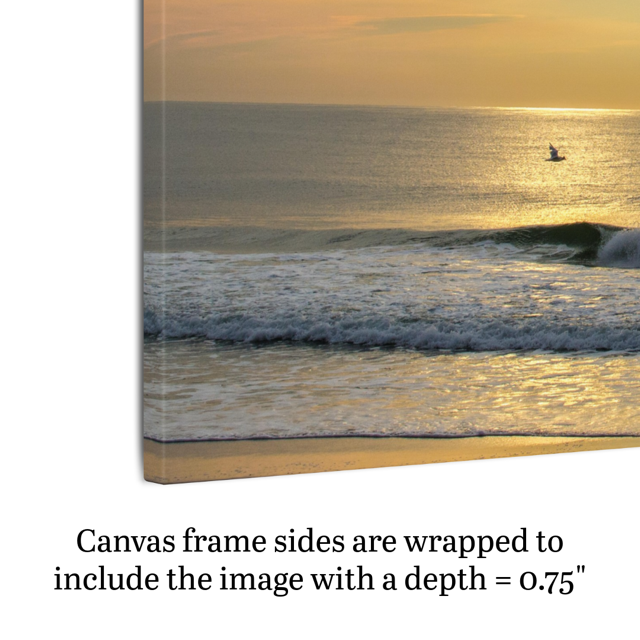 Canvas print of a bird in flight over the ocean at sunrise, text indicating frame depth.