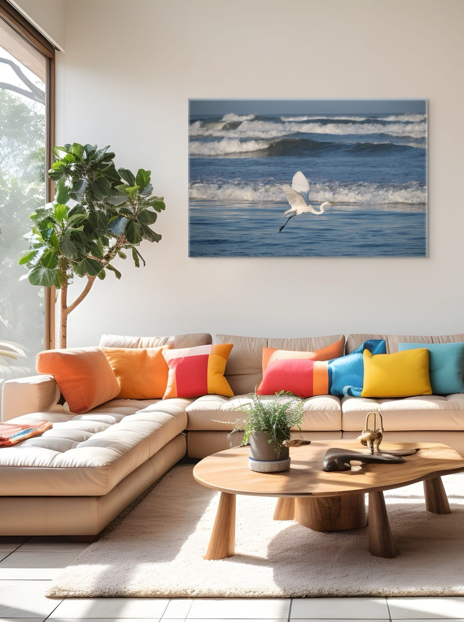 Modern living room with a sectional sofa, colorful cushions, and a canvas print of a white egret in flight over the ocean.