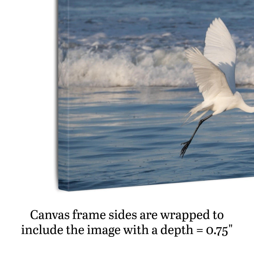 Side view of a canvas print of a white egret in flight over the ocean with text about canvas frame depth.