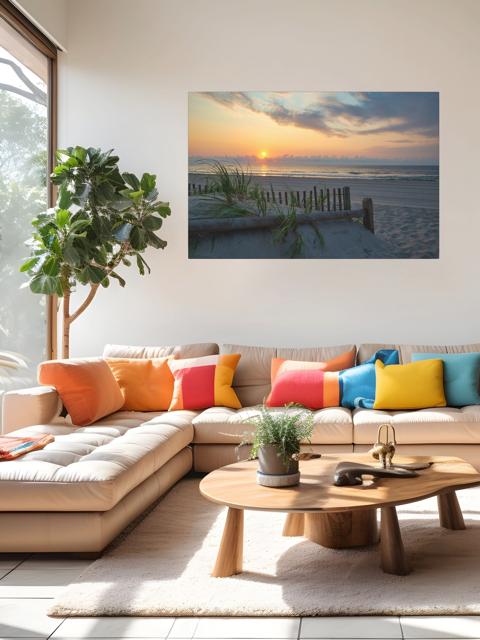 Modern living room with a sectional sofa, colorful pillows, and a canvas print featuring a sunrise over the ocean as seen from behind the dunes on the Jersey Shore on the wall.