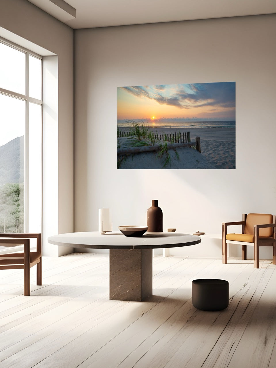 Modern living room with a canvas print featuring a sunrise over the ocean as seen from behind the dunes on the Jersey Shore on the wall