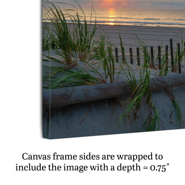 A canvas print featuring a sunrise over the ocean as seen from behind the dunes on the Jersey Shore shown on an angle to highlight side framing and depth.