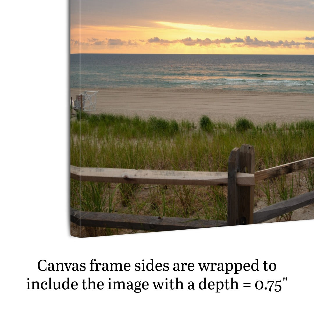 Canvas print of a Jersey Shore sunrise over the Atlantic Ocean with beach dunes and grass, featuring text about canvas frame depth.