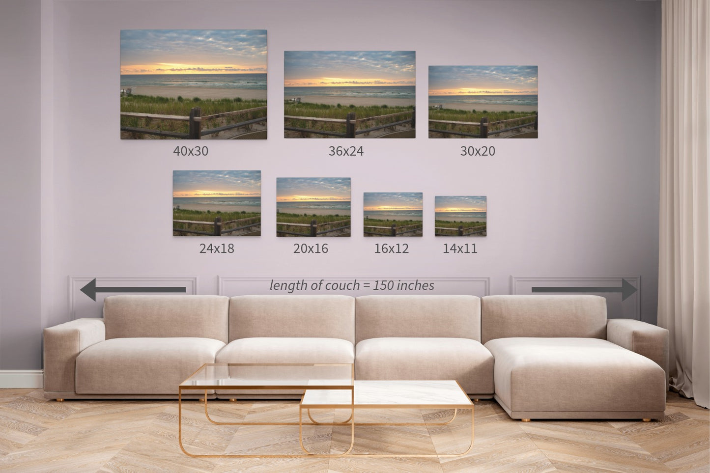 Living room with a beige sectional sofa and wall art displaying various sizes of a canvas print of a Jersey Shore sunrise over the Atlantic Ocean with beach dunes and grass.
