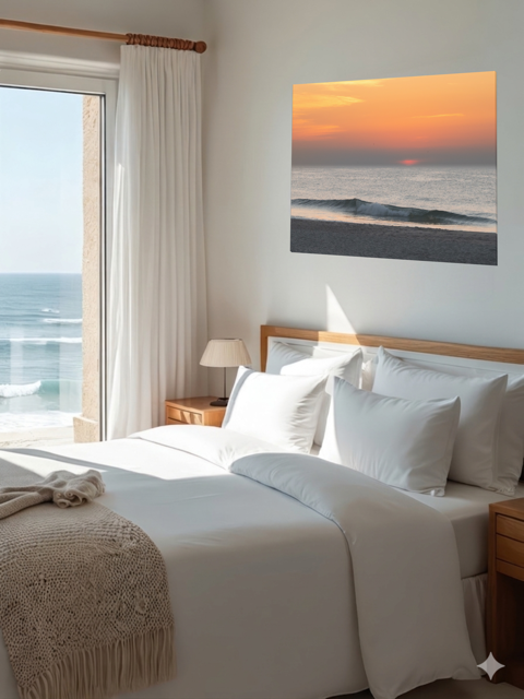 Bedroom with ocean view and a canvas print of a hazy sunrise over the ocean down the Jersey Shore.