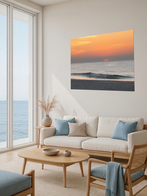 Modern living room with a large window view of the ocean, a beige sofa with blue cushions, and a canvas print of a hazy sunrise over the ocean down the Jersey Shore.