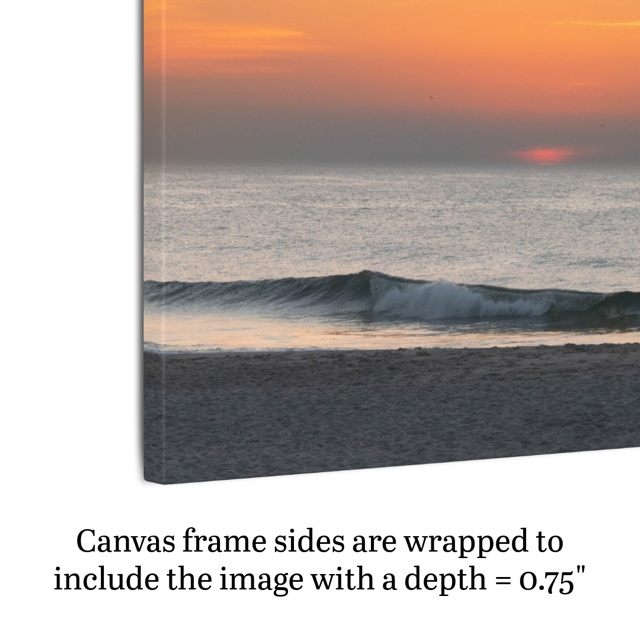 Canvas print of a hazy sunrise over the ocean down the Jersey Shore with text indicating frame depth.