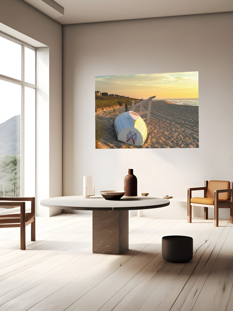 Modern living room with a canvas print of an overturned Jersey Shore Beach Patrol boat and lifeguard stand on the sand at sunrise with beach grass and rolling dunes