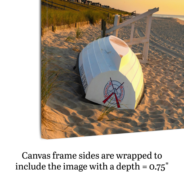 Side view of a canvas print of an overturned Jersey Shore Beach Patrol boat and lifeguard stand on the sand at sunrise with beach grass and rolling dunes, with text indicating frame depth.