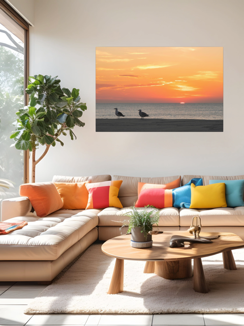 Modern living room with a sectional sofa, colorful pillows, and a wall art of two seagulls standing on a sandy Jersey Shore beach during a vibrant orange sunrise over the Atlantic Ocean.