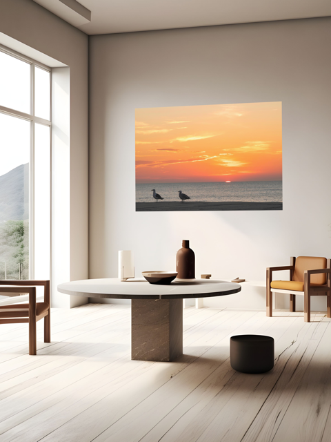 Modern living room with a canvas print of two seagulls standing on a sandy Jersey Shore beach during a vibrant orange sunrise over the Atlantic Ocean on the wall.