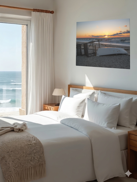 Bedroom with a large bed, ocean view, and a canvas print of a Jersey Shore sunrise on the wall.