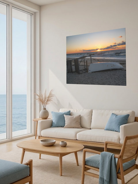 Modern living room with a large window view of the ocean, a beige sofa with blue cushions, and a canvas print of a Jersey Shore sunrise on the wall.