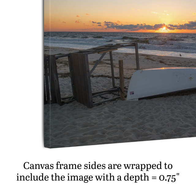 Side view of a canvas print of a Jersey Shore sunrise with text indicating frame depth.