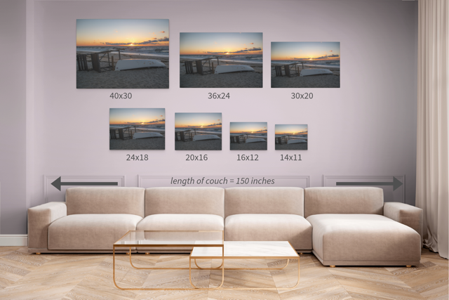 Living room with a beige sectional sofa and different sized canvas prints of a Jersey Shore sunrise with dimensions.