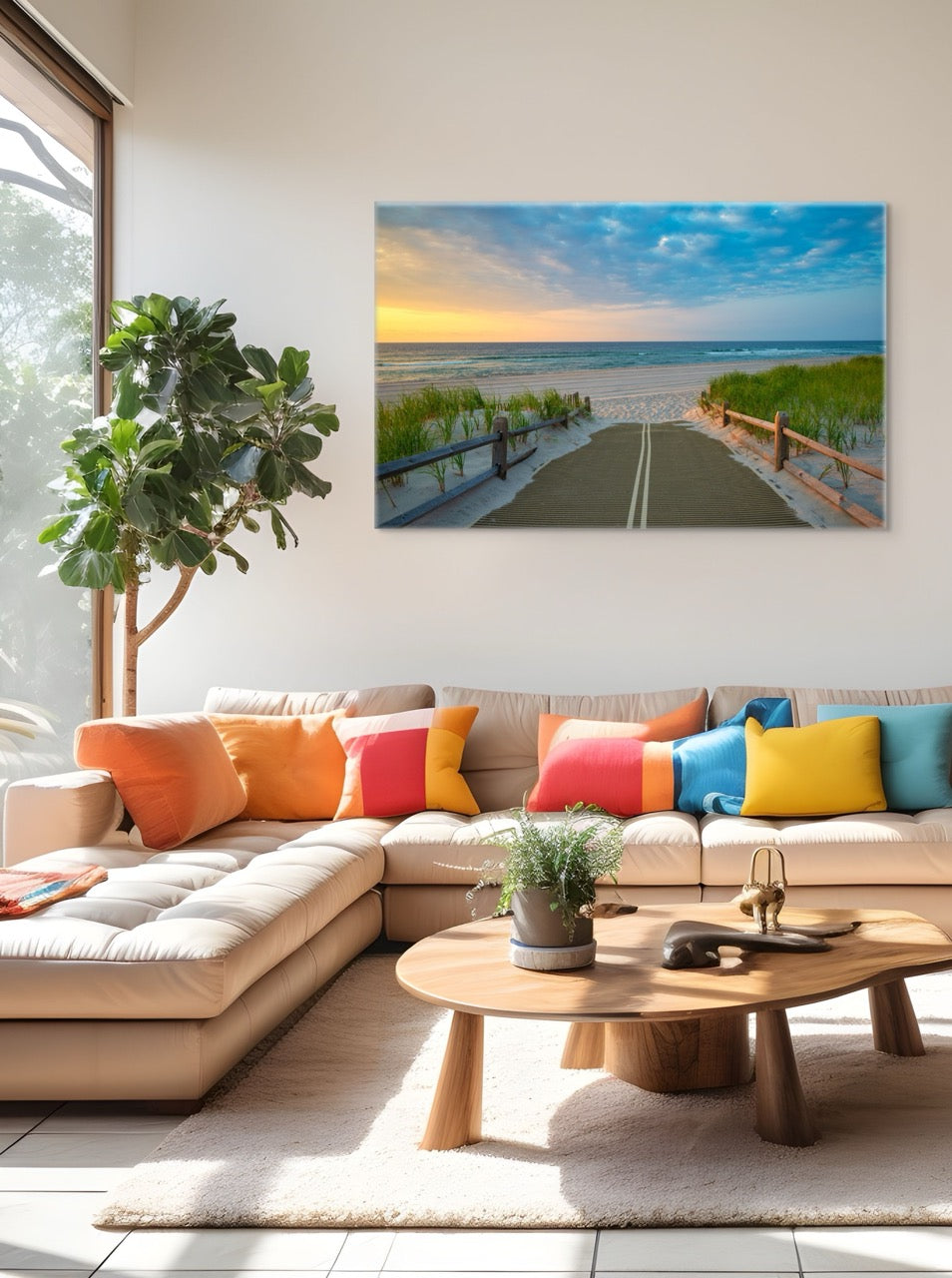 Living room with a sectional sofa, colorful pillows, and a canvas print of a beach path on the Jersey Shore shortly after sunrise over the ocean on the wall.