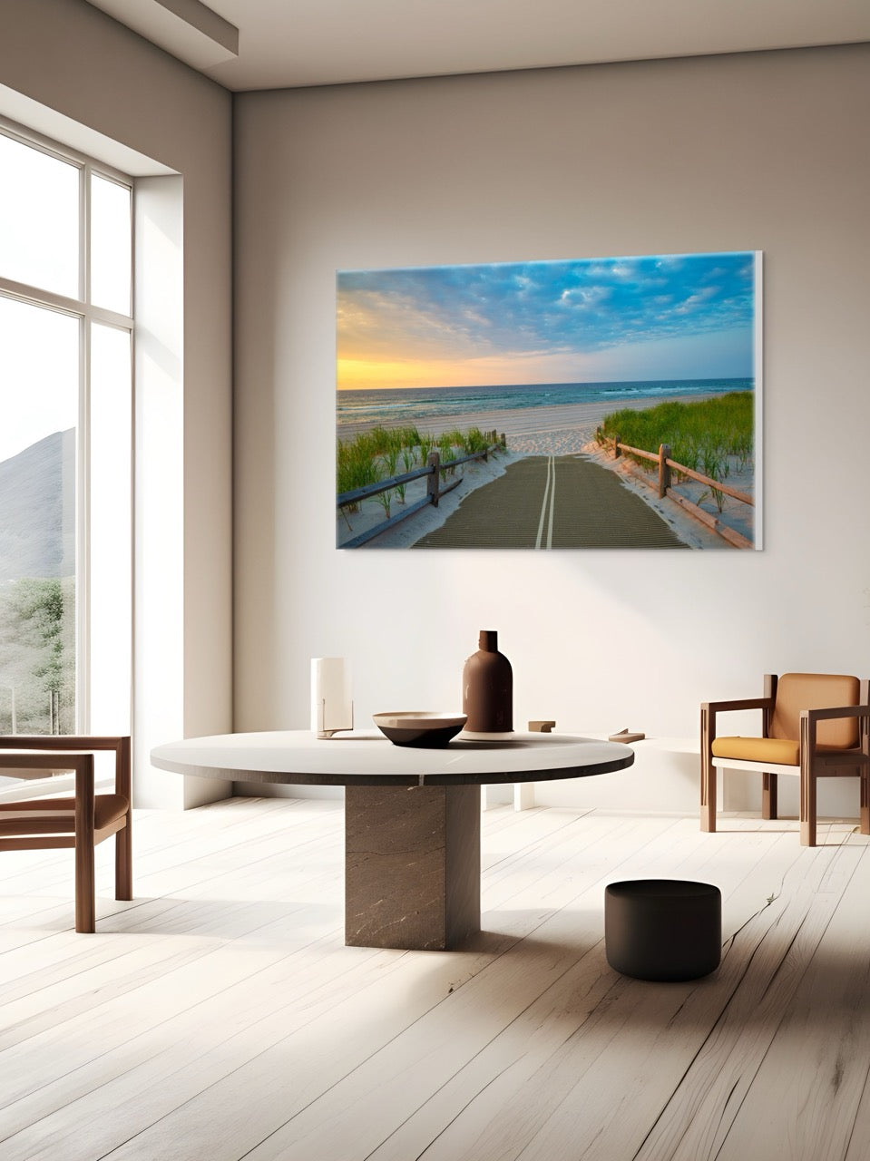 Modern living room with a large canvas print of a beach path on the Jersey Shore shortly after sunrise over the ocean